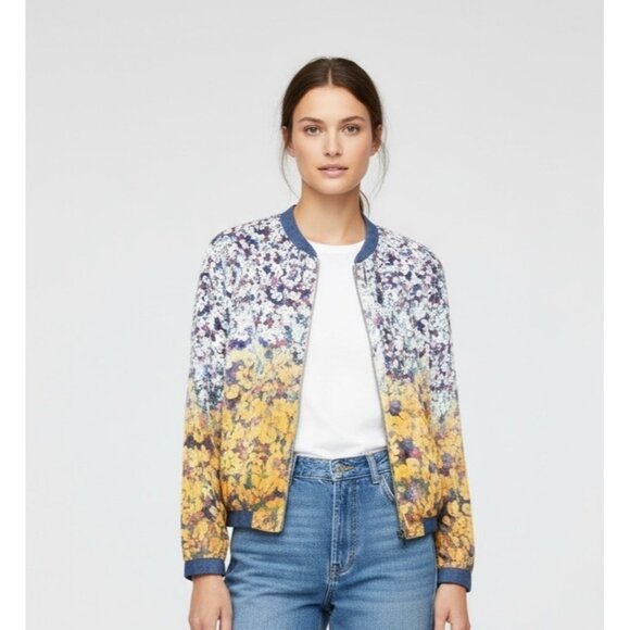Zara Basic Floral Ombre Bomber Jacket Small Yellow Blue Zip Lightweight Womens - Picture 1 of 13